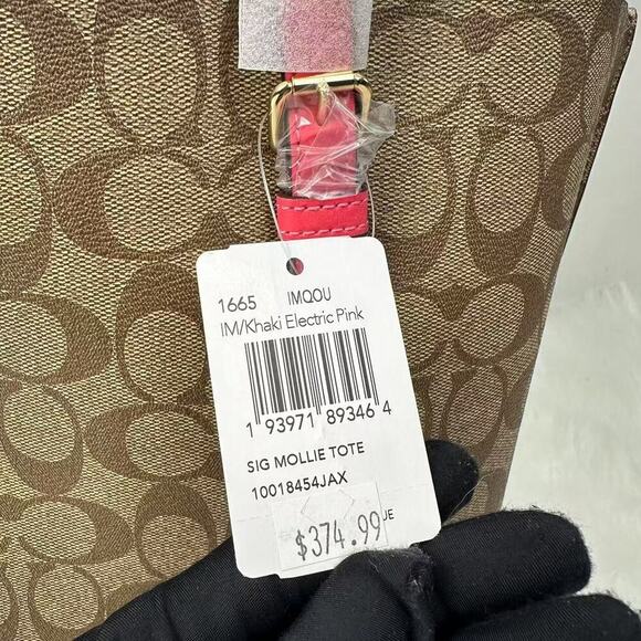 Coach Mollie Tote Bag In Signature Canvas In Khaki/Electric Pink 1665 NWT - Picture 6 of 11